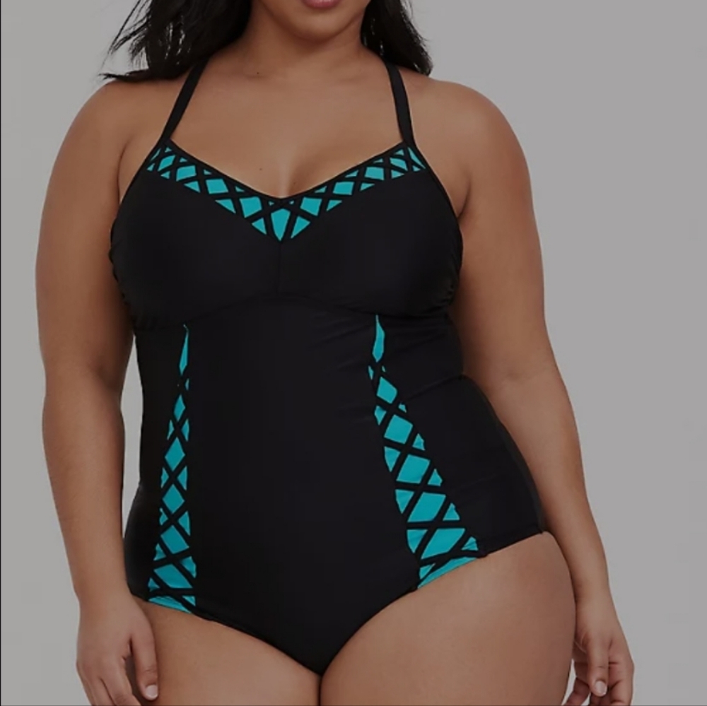 Torrid Size 2 Black & Teal Lattice Slim Fix Swimsuit
